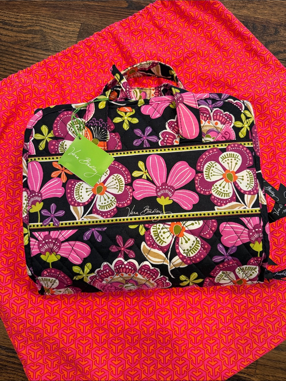 Vera Bradley Black Floral Cosmetic Tote with Pink, Green & Purple Accents